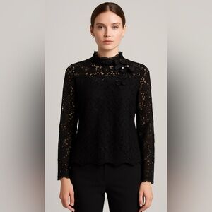 J. Crew Black Lace Top With Bow Shoulder Mock-Neck Romantic Blouse Sheer Size 18